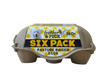 Six pack of pasture raised eggs with 'feather & peck' branding 