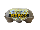 Six pack of pasture raised eggs with 'feather & peck' branding 