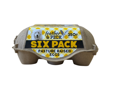 Six pack of pasture raised eggs with 'feather & peck' branding 