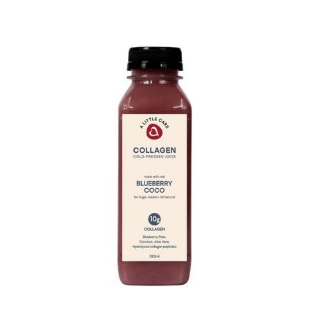 A 350ml bottle of A Little Care's Blueberry Coco Collagen cold pressed juice