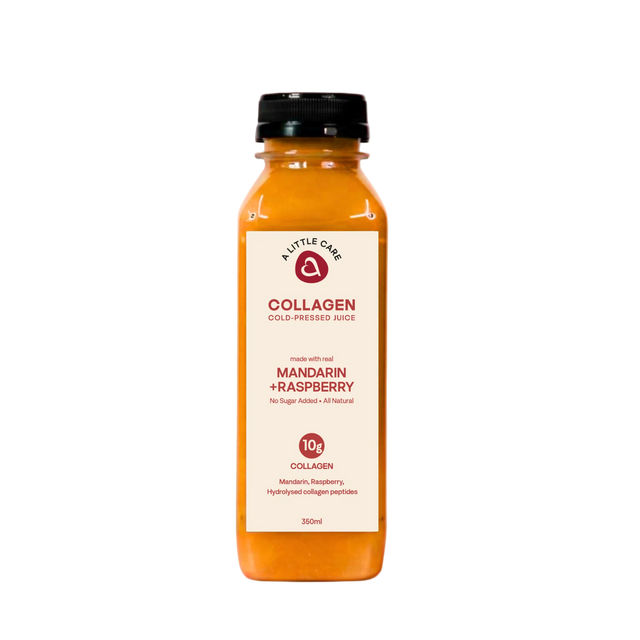 A 350ml bottle of A Little Care's Mandarin and Raspberry Collagen Cold Pressed Juice 