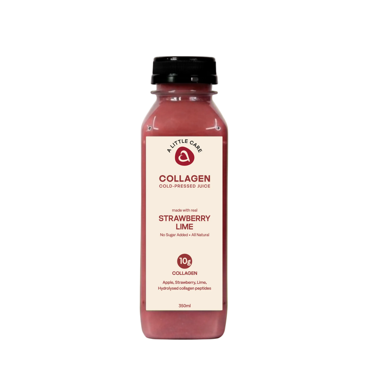 A 350ml bottle of A Little Care's Strawberry Lime Collagen cold pressed juice