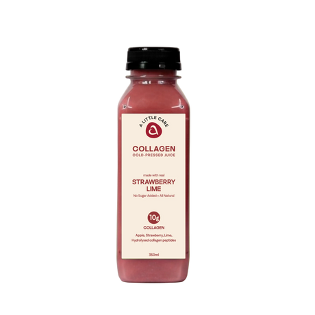 A 350ml bottle of A Little Care's Strawberry Lime Collagen cold pressed juice