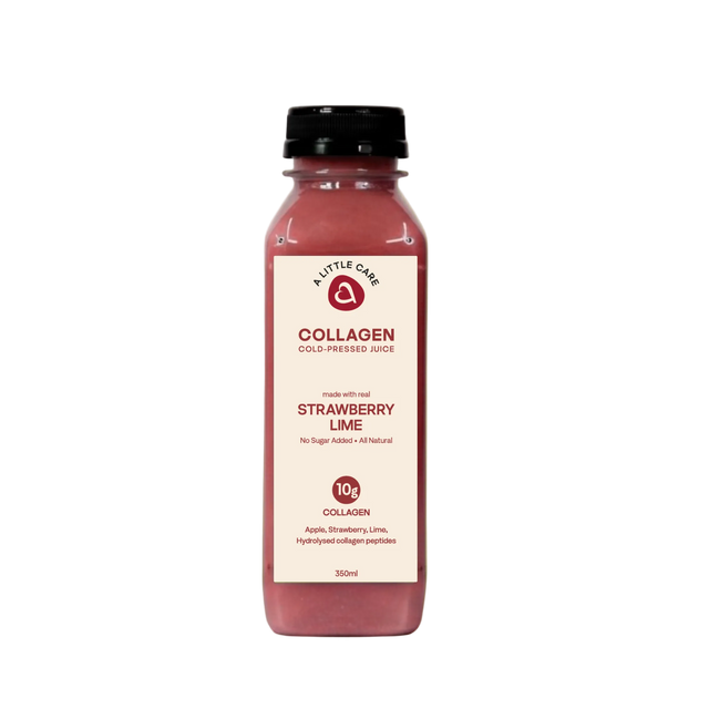 A 350ml bottle of A Little Care's Strawberry Lime Collagen cold pressed juice
