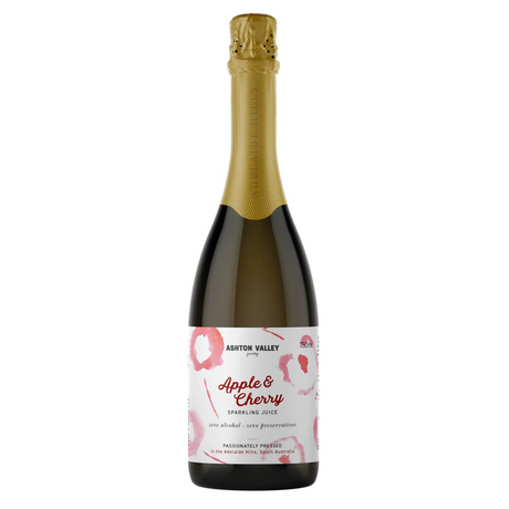 A glass bottle of Ashton Valley Juicery sparkling apple and cherry juice 750ml