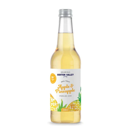 A 330ml glass bottle of Ashton Valley Juicery sparkling apple and pineapple juice