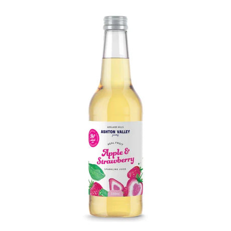 A 330ml glass bottle of Ashton Valley Juicery sparkling apple and strawberry juice