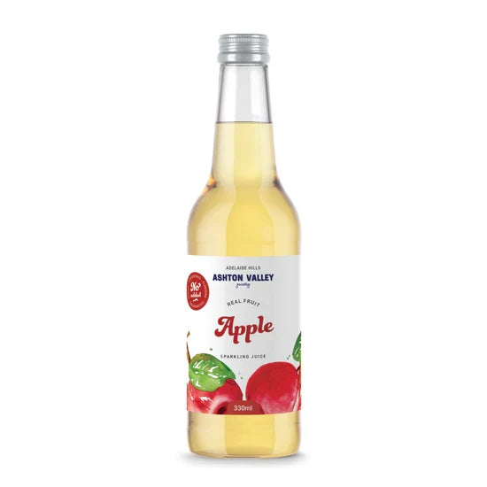 A 330ml glass bottle of Ashton Valley Juicery sparkling apple juice