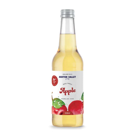 A 330ml glass bottle of Ashton Valley Juicery sparkling apple juice