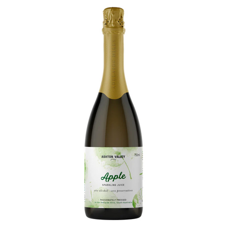 A 750ml glass bottle of Ashton Valley Juicery sparkling apple juice