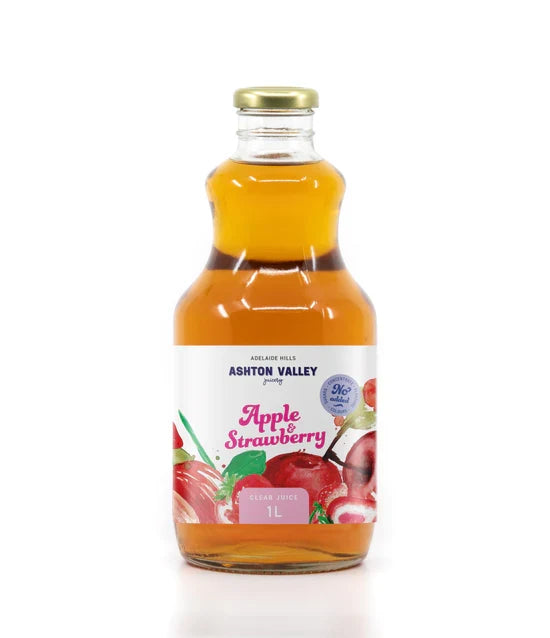 A 1L glass of Ashton Valley Juicery still clear apple and strawberry juice