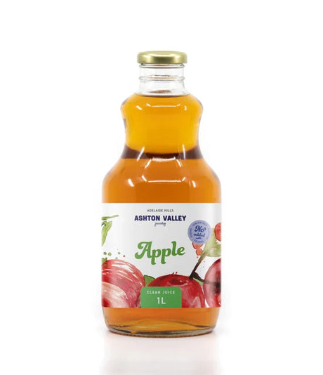 A 1L glass of Ashton Valley Juicery still clear apple juice