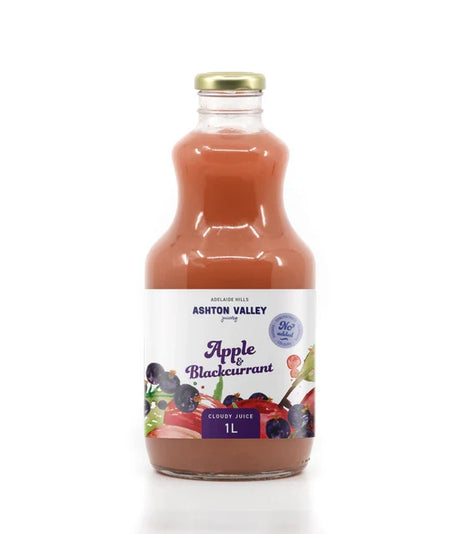 Bottle of Ashton Valley Apple & Blackcurrant juice on a white background