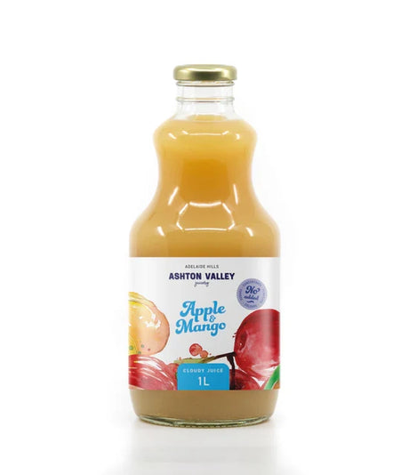 A 1l glass of Ashton Valley Juicery still cloudy apple and mango juice