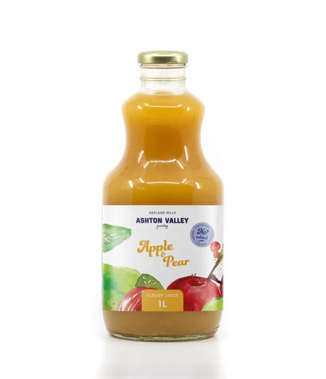 A 1L bottle of Ashton Valley Juicery still cloudy apple and pear juice
