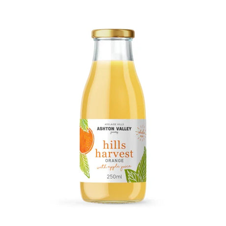 A 250ml glass bottle of Ashton Valley Juicery still cloudy orange and apple juice