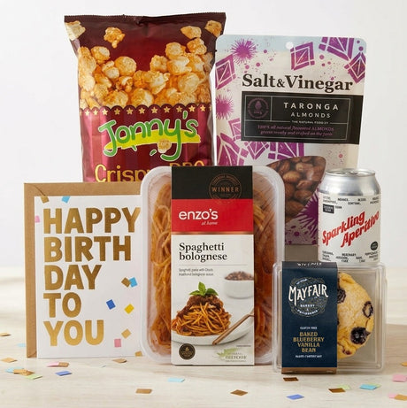 A Birthday Gift Box consisting of a Ready Meal, Snacks, Drink, Dessert and a Card