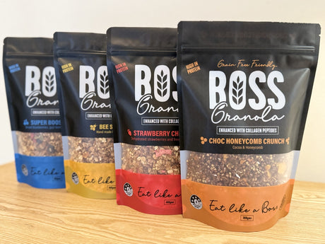 Super Boost Berry, Bee Sting Granola, Strawberry Cheesecake and Choc Honeycomb Crunch granola lined up