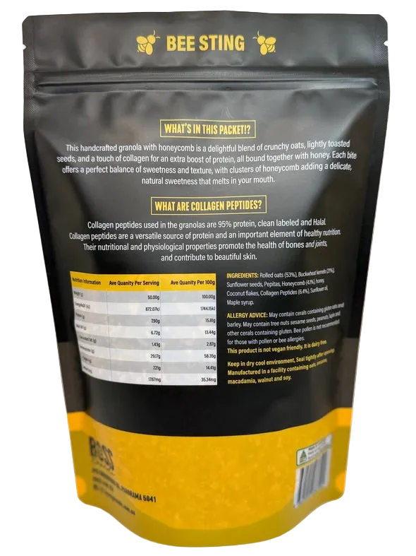 A 450g pack with information for Boss Granola Bee Sting Granola