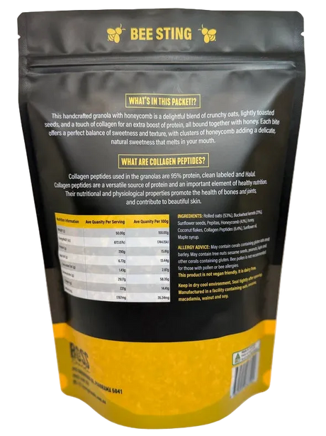 A 450g pack with information for Boss Granola Bee Sting Granola