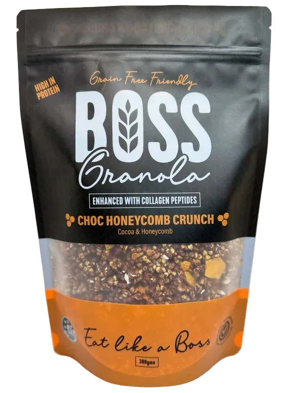 A 300g pack of Boss Granola Choc Honeycomb Crunch