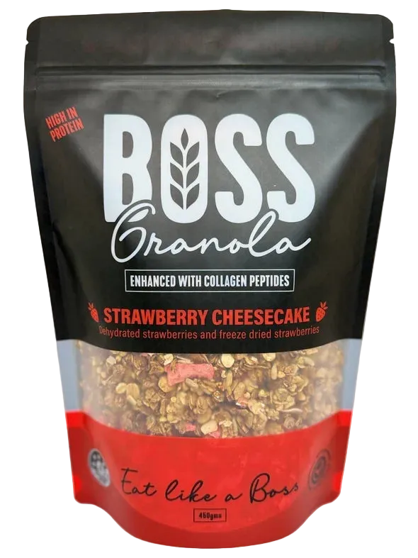 A 450g pack of Boss Granola Strawberry Cheesecake