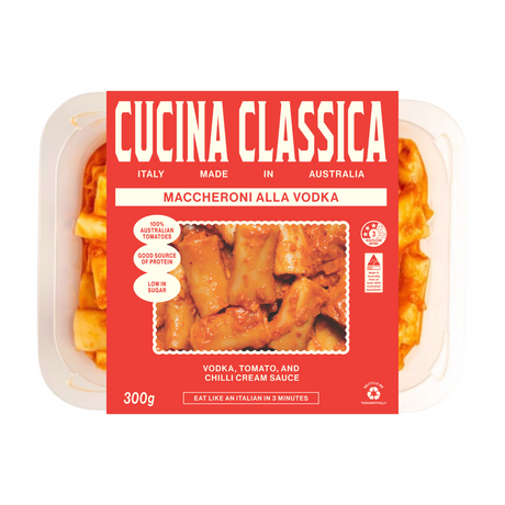 Packaged pasta dish with 'Cucina Classica' label on a white background