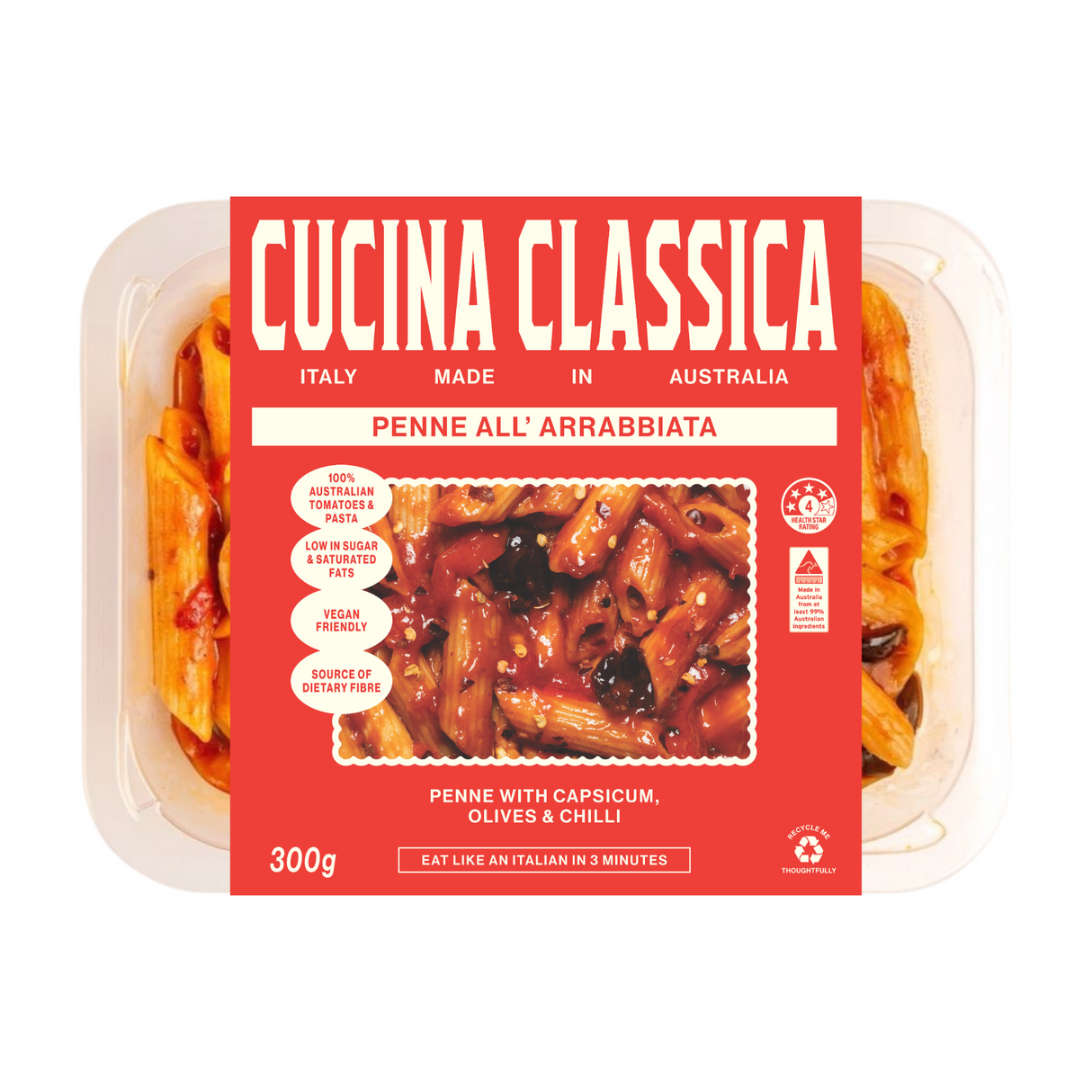 Cucina Classica penne all'arrabbiata pasta packaging on a white background