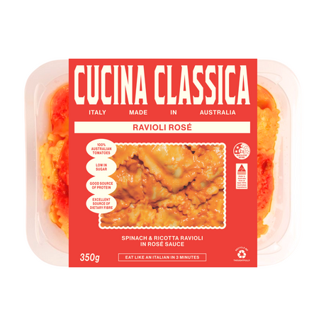 Packaged ravioli with 'Cucina Classica' branding on a white background