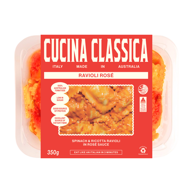 Packaged ravioli with 'Cucina Classica' branding on a white background