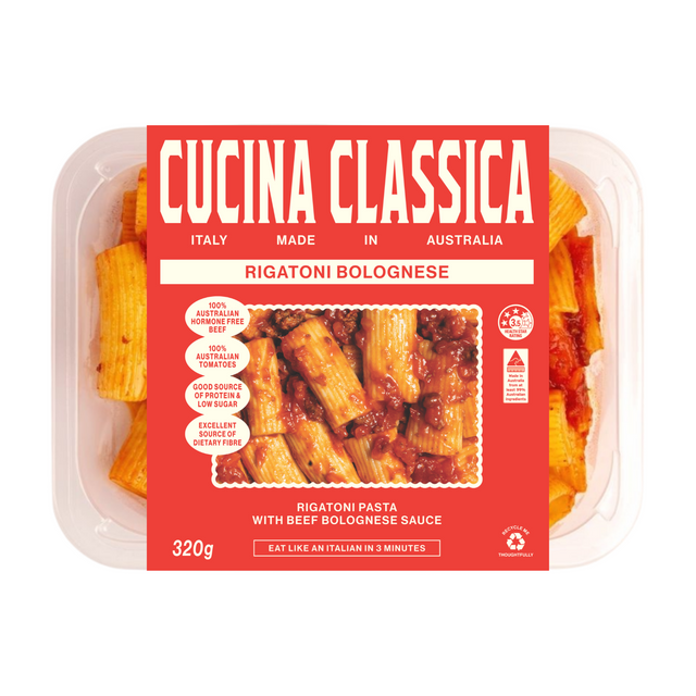 Packaged rigatoni Bolognese from Cucina Classica on a white background