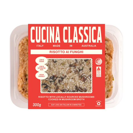 Packaged Cucina Classica risotto with mushroom flavor on a white background