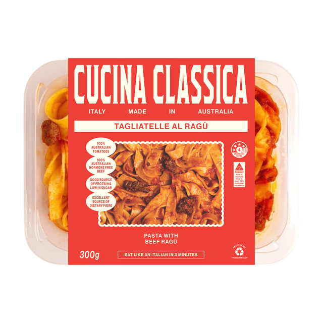 Cucina Classica Tagliatelle al Ragu pasta packaging on a white background