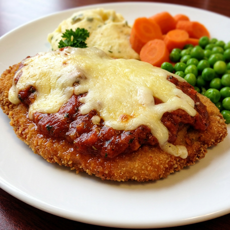 A 450g serve of Dinner King Chicken Parmigiana