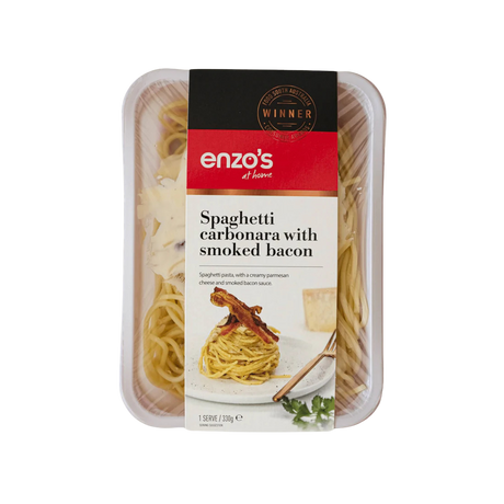A 330g pack of Enzo's Spaghetti Carbonara with Smoked Bacon