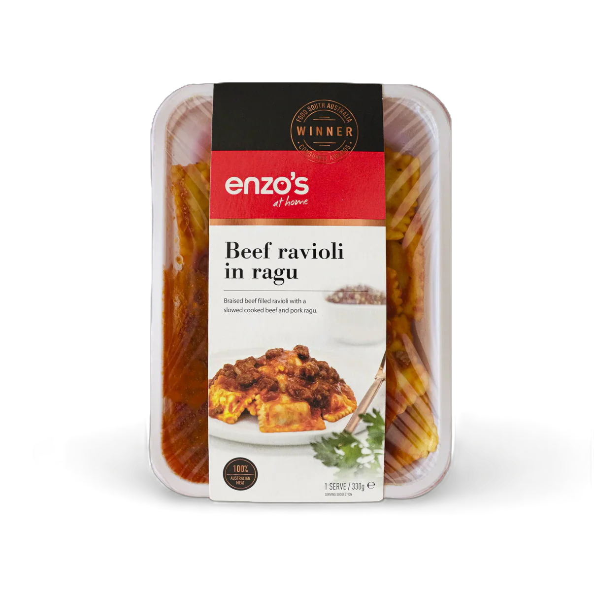 A 330g pack of Enzo's at Home Beef Ravioli in Ragu