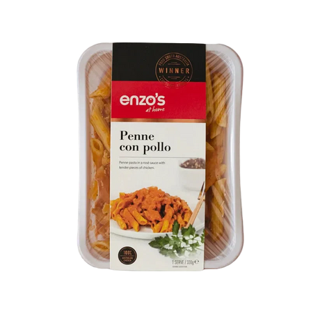 A 330g pack of Enzo's Penne Con Pollo pasta