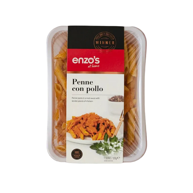A 330g pack of Enzo's Penne Con Pollo pasta