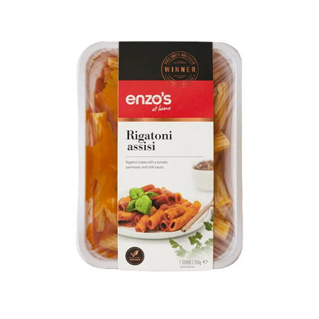 A 330g pack of Enzo's Rigatoni Assisi pasta