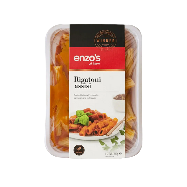A 330g pack of Enzo's Rigatoni Assisi pasta