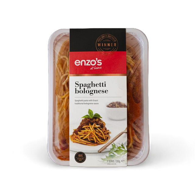 Packaged spaghetti bolognese with Enzo's label on a white background