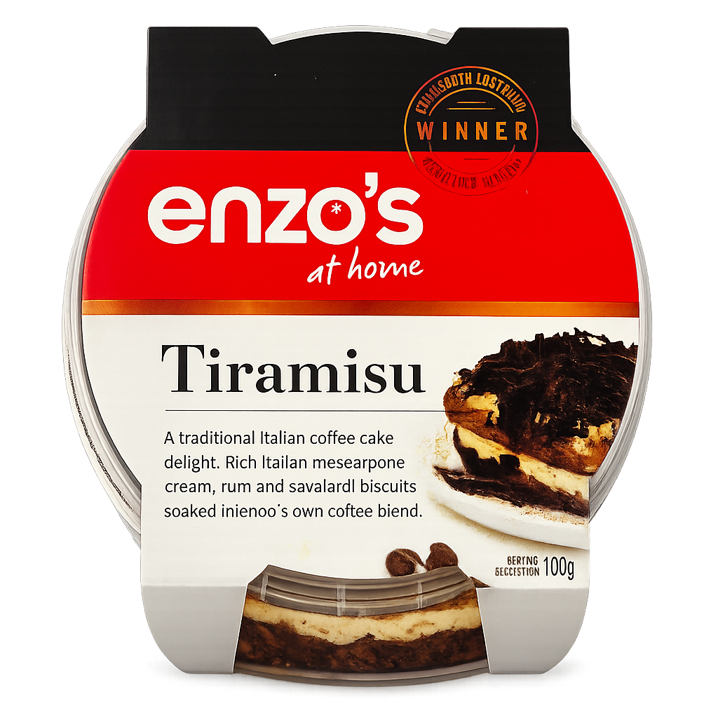 A 100g pack of Enzo's Tiramisu