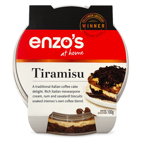 A 100g pack of Enzo's Tiramisu