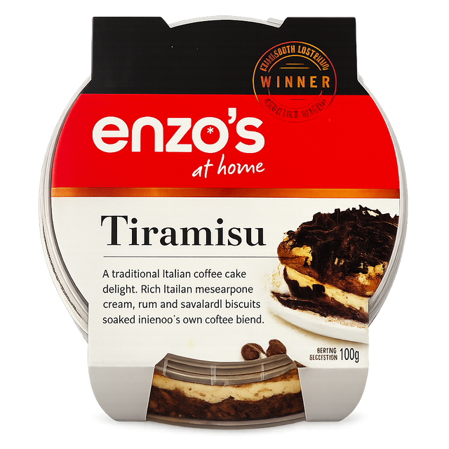 A 100g pack of Enzo's Tiramisu
