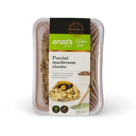 Packaged Porcini mushroom risotto with Enzo's branding on a white background