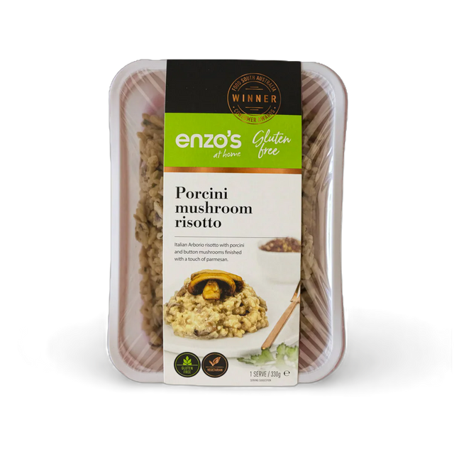 Packaged Porcini mushroom risotto with Enzo's branding on a white background