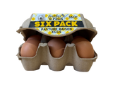 Six-pack of pasture-raised eggs in a cardboard carton with 'feather & peck' branding.