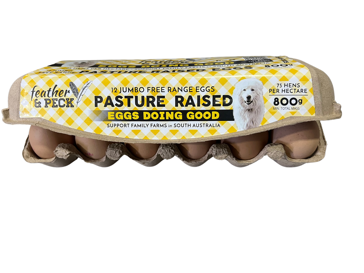 Pack of 800g pasture-raised eggs with branding and information on the packaging.