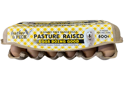 Pack of 800g pasture-raised eggs with branding and information on the packaging.