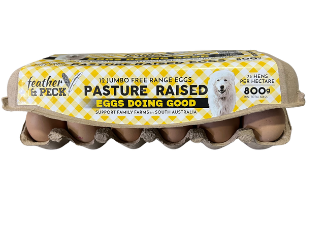 Pack of 800g pasture-raised eggs with branding and information on the packaging.